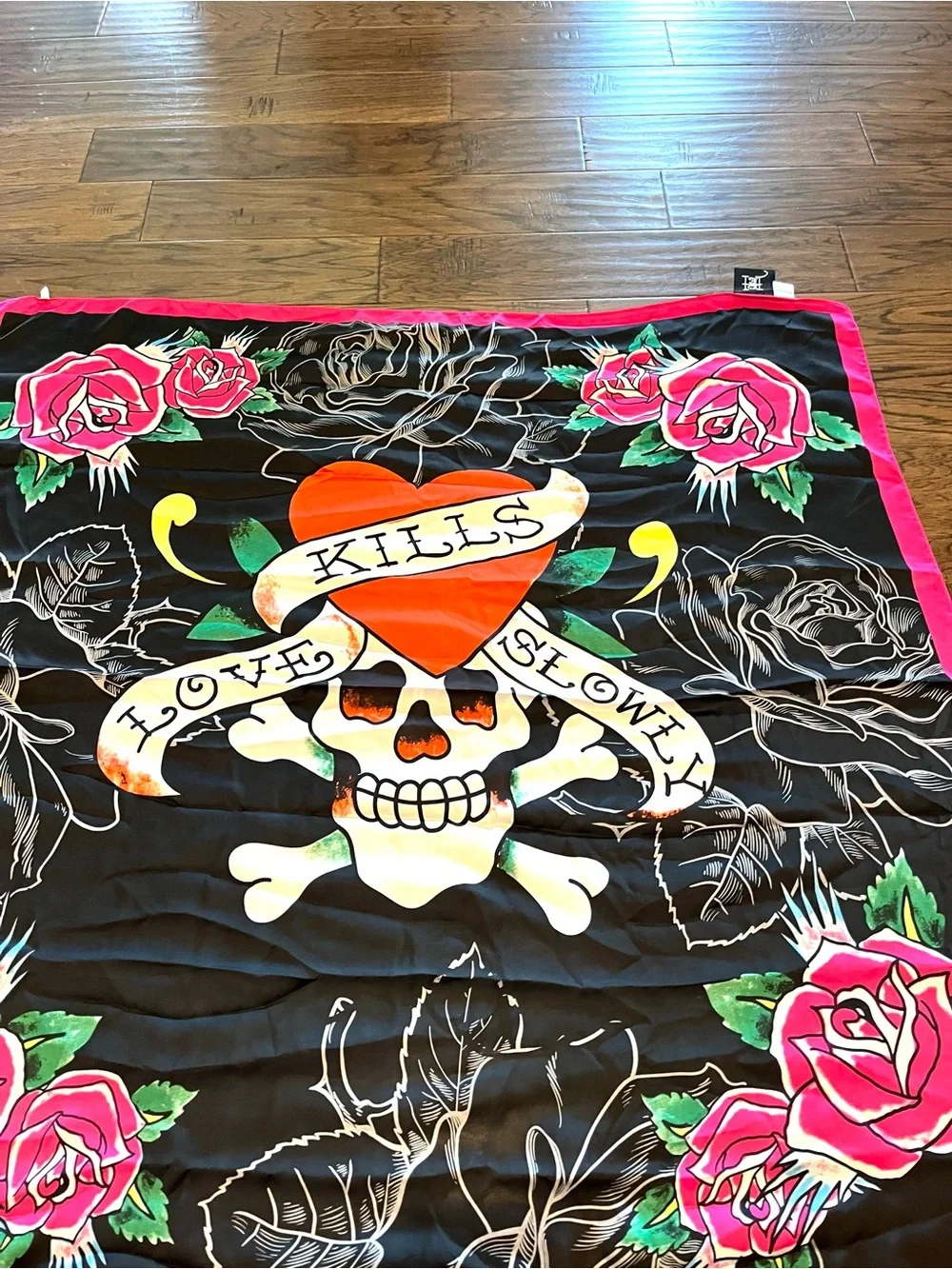 Ed Hardy Black Scarf with Pink Rose Border and Heart Skull Graphic Love